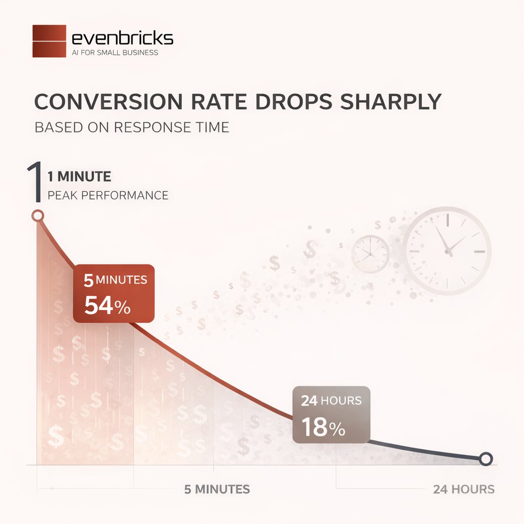An infographic-style visualization showing the dramatic difference in conversion rates based on response time, featuring a downward trending graph with clear data points at 5 minutes (54%), 24 hours (18%), and 1 minute (peak performance), modern minimal design with bold typography highlighting key statistics, incorporate subtle clock or timer elements dissolving from left to right to represent time passing, professional business aesthetic with emphasis on clarity and impact, use contrasting colors to show the dramatic drop-off in conversion rates, include subtle money/dollar symbols fading away to represent lost revenue, clean geometric shapes and organized layout that feels premium and trustworthy, incorporate Evenbricks logo in corner for consistent branding, clean modern marketing aesthetic, premium polished look, relaxed but professional tone, quiet confidence minimalism, soft neutral brand-friendly colors, smooth matte gradients, subtle optimistic small-business mood, clear legible layouts, deep color depth --ar 1:1 --style raw --v 6