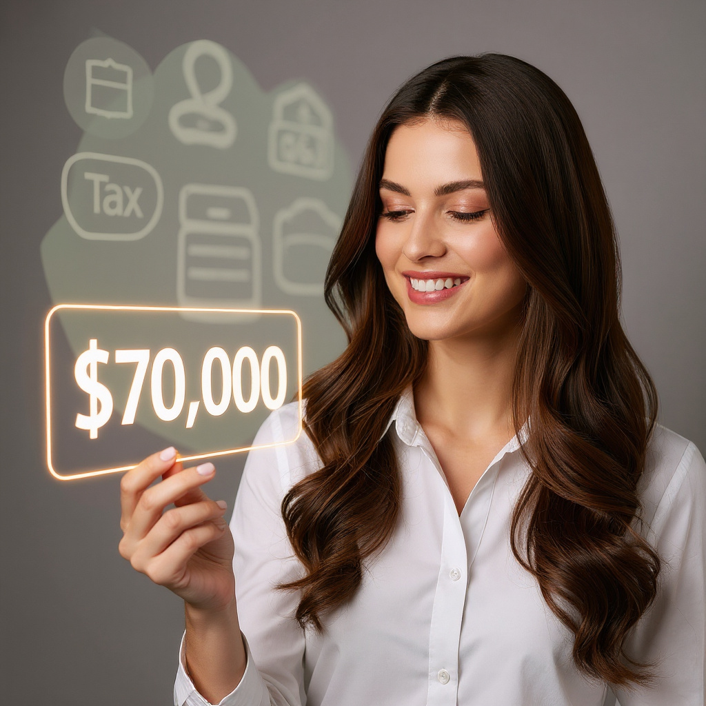 A conceptual photograph of a pragmatic business owner looking thoughtfully at a small, glowing price tag that reads '$70,000'. The business owner should have the likeness of the person in the reference image [37576e9e-a1ad-43a9-b804-2357517c5ae0]. Behind the small price tag, out of focus, looms a much larger, abstract shape composed of faint icons representing taxes, software, and insurance, symbolizing the hidden costs. The scene has a clean, minimalist aesthetic with soft, directional lighting. The background is a smooth, matte gradient using soft neutral colors. The overall mood is one of serious consideration and strategic thinking. clean modern marketing aesthetic, premium polished look, relaxed but professional tone, quiet confidence minimalism, soft neutral brand-friendly colors, smooth matte gradients, subtle optimistic small-business mood, clear legible layouts, deep color depth --ar 16:9 --style raw --v 6 clean modern marketing aesthetic, premium polished look, relaxed but professional tone, quiet confidence minimalism, soft neutral brand-friendly colors, smooth matte gradients, subtle optimistic small-business mood, clear legible layouts, deep color depth --ar 1:1 --style raw --v 6