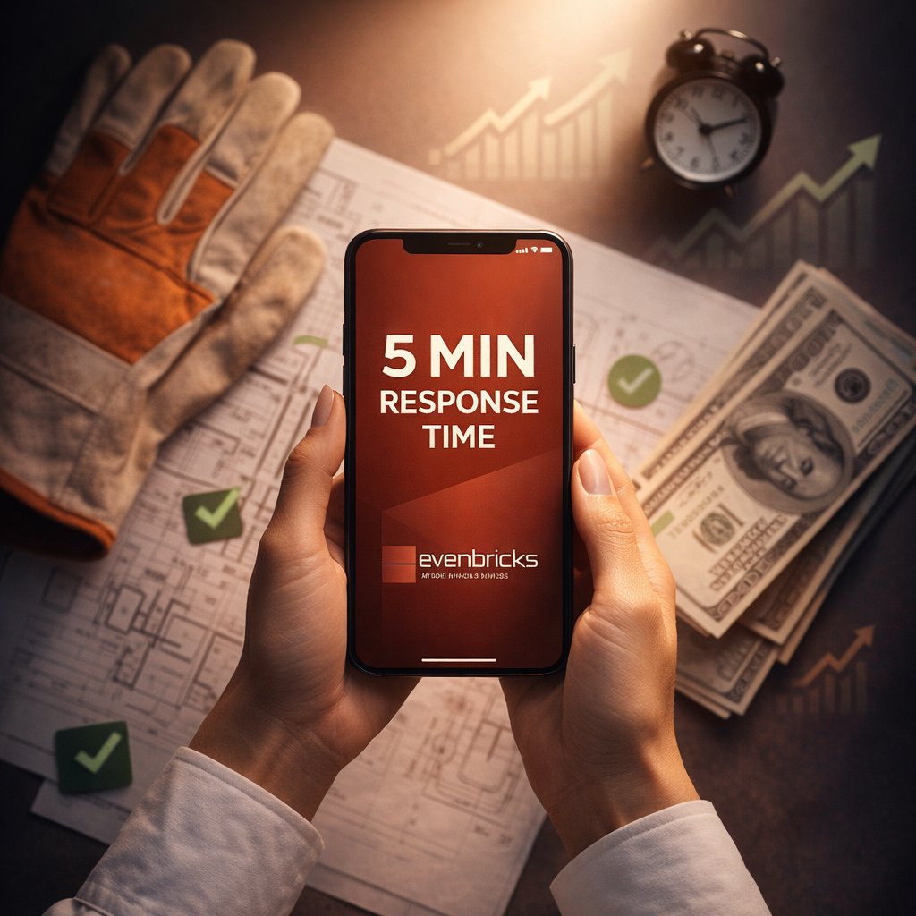 An overhead flat-lay composition featuring a smartphone displaying '5 MIN RESPONSE TIME' in bold text on the screen, surrounded by relevant home services contractor items: work gloves, blueprints, a small clock showing urgency, and dollar bills representing revenue. The smartphone is the central focus with warm spotlight lighting creating dramatic shadows. Include subtle visual indicators of success - green checkmarks, rising graph arrows in the background. Modern commercial photography style with careful attention to brand colors and premium materiality. The layout suggests speed, efficiency, and professionalism. Sharp focus on the phone screen with slight bokeh on surrounding elements. The brand model's hands are visible holding the phone, showing confidence and readiness. Clean modern marketing aesthetic, premium polished look, relaxed but professional tone, quiet confidence minimalism, soft neutral brand-friendly colors, smooth matte gradients, subtle optimistic small-business mood, clear legible layouts, deep color depth --ar 1:1 --style raw --v 6 clean modern marketing aesthetic, premium polished look, relaxed but professional tone, quiet confidence minimalism, soft neutral brand-friendly colors, smooth matte gradients, subtle optimistic small-business mood, clear legible layouts, deep color depth --ar 1:1 --style raw --v 6